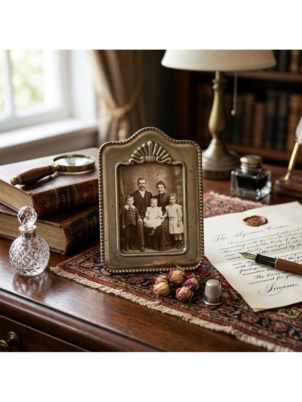 small, ornate silver-plated tabletop photo frame